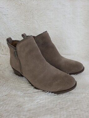 Lucky Brand Bartalino Taupe Suede Ankle Bootie Side Zippers Women's Size 9.5